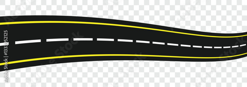 Winding road. Traveling along a curved highway. Asphalt pathway on transparent background. Road direction, route way. vector illustration