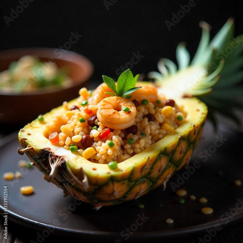Fried rice, shrimp with vegetables, a presentation in pineapple