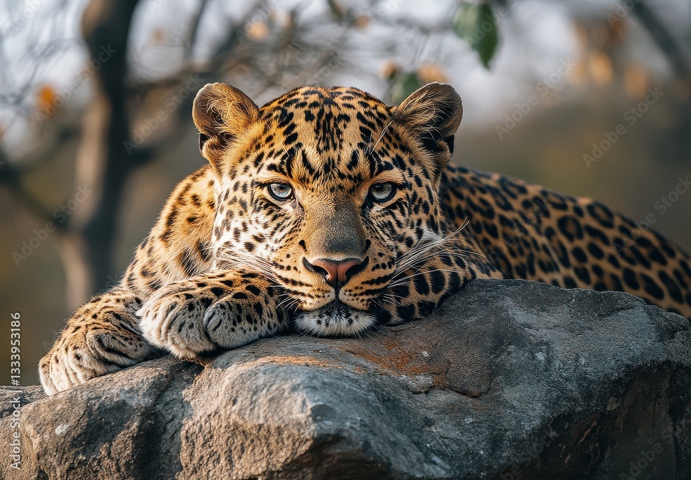 Obraz premium Majestic leopard resting on rocky surface with captivating gaze in natural habitat showcasing vibrant coat and serene environment during golden hour