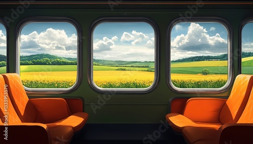 Train Journey Through Rolling Hills and Fields of Yellow Flowers: A Scenic Escape