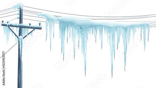 A close-up shot against a white background depicts a section of power lines heavily laden with icicles.  The icicles vary in size and length, hanging downward from the wires. A grey utility pole is