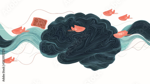 The image is a digital illustration or painting depicting an abstract scene.  The dominant element is a large, dark teal mass resembling flowing hair or seaweed, within which several small,