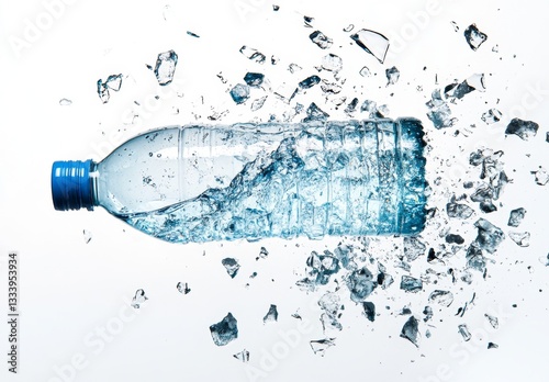 Shattered water bottle explosion on white background