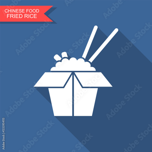 Chinese food take away box. Fried rice and chopsticks. Flat icon with long shadow