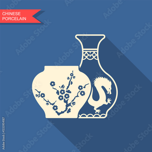 White and blue Chinese vases. Antique Chinese porcelain. Vector flat icon
