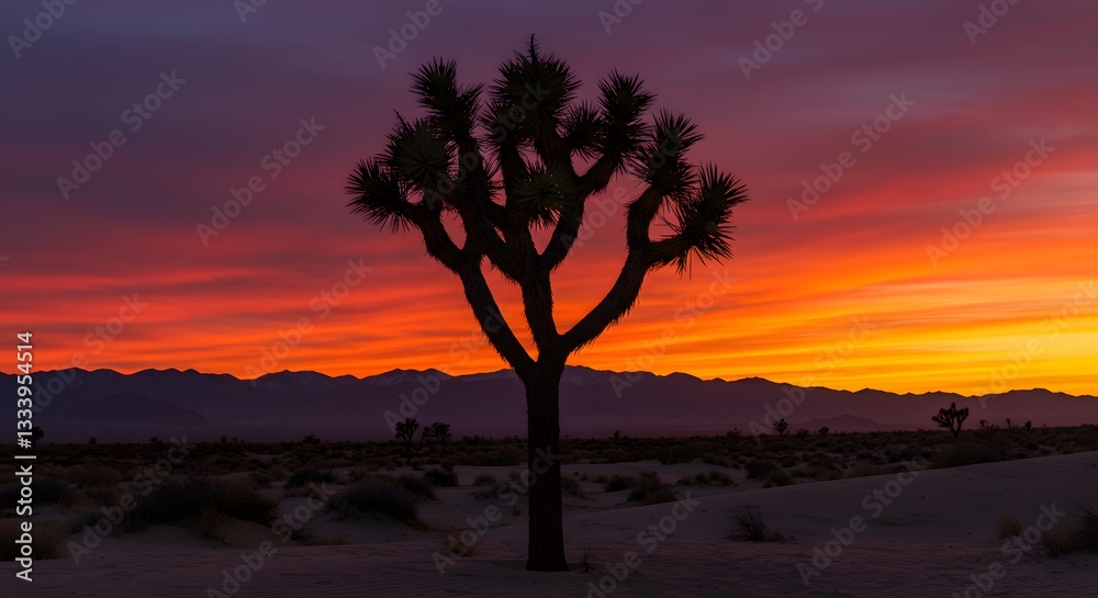 Fototapeta premium Joshua Tree Silhouette at Sunset with Dramatic Sky Landscape View