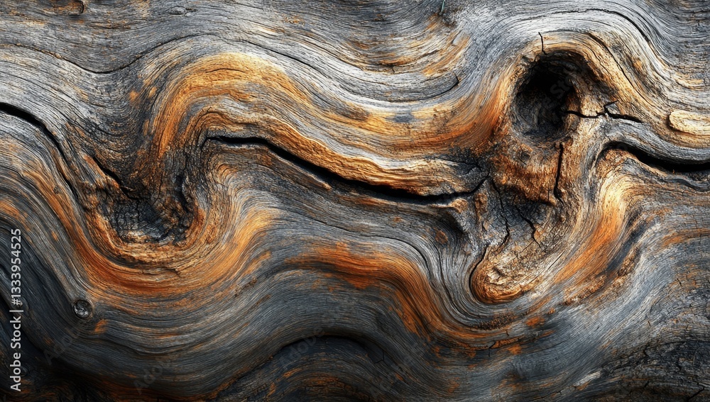 Intricate wood grain patterns. Complex interplay of dark grey, and warm orange tones. Natural, textured wood surface with swirls and knots Intricate wood grain patterns. Complex interplay of dark grey, and warm orange tones. Natural, textured wood surface with swirls and knots