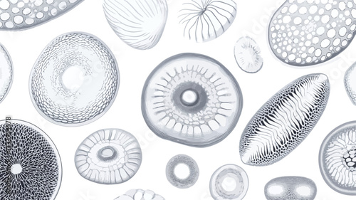 The image showcases a variety of microscopic organisms, primarily resembling diatoms, rendered in grayscale on a white background. The organisms are depicted in a scattered, overlapping arrangement