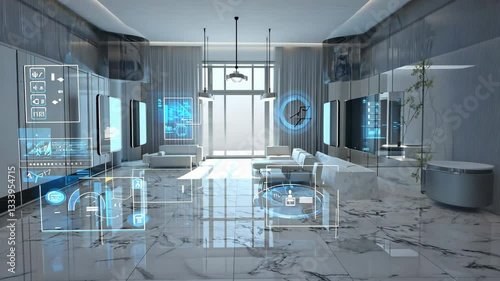 A high-tech luxury home fully integrated with AI, smart automation, and futuristic digital interfaces, optimizing comfort and energy efficiency. Ideal for smart living, home automation, and real estat