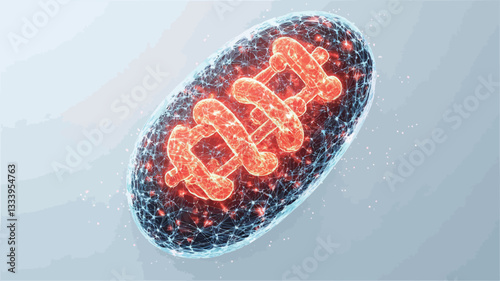 3D rendering of a mitochondrion, depicted as an oval shape with internal cristae structures rendered in a glowing orange-red hue against a light gray background.  The surface of the mitochondrion