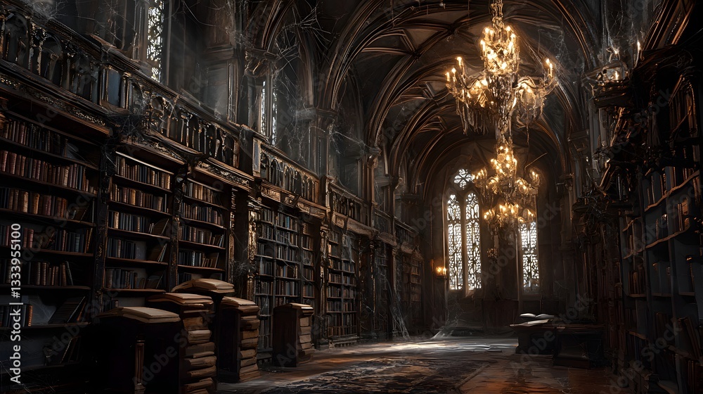 Fototapeta premium 18. An abandoned gothic library with cobwebbed chandeliers, silent and haunted with time