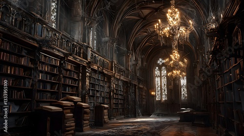 18. An abandoned gothic library with cobwebbed chandeliers, silent and haunted with time