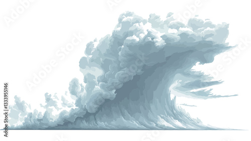 The image is a digital rendering of an abstract wave-like form composed of clouds or smoke. The color palette is predominantly shades of white, light grey, and light blue. The form is dynamic and