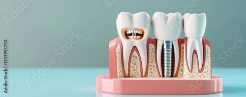 dental model showcasing healthy tooth, damaged tooth with decay, and dental implant, illustrating oral health and treatment options