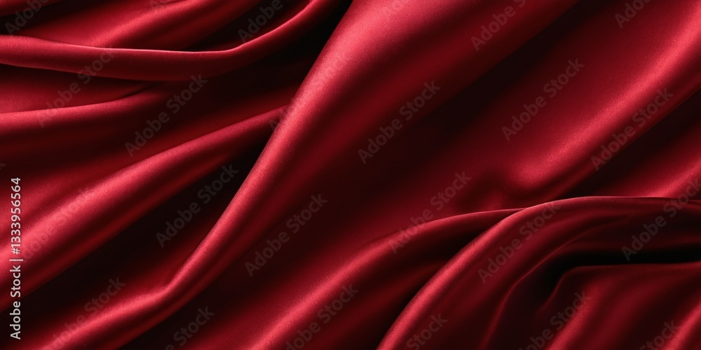 Obraz premium Luxurious Red Satin Fabric with Silky Smooth Texture, Flowing Folds, Rich Crimson Hue, Soft Sheen, Elegant Drapery, Close-Up Detail, Studio Lighting, High-Resolution Fashion Photography Style
