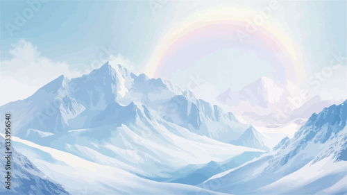 The image depicts a digital painting or rendering of a snow-covered mountain range. The mountains are rendered in shades of blue and white, with varying levels of detail suggesting texture and