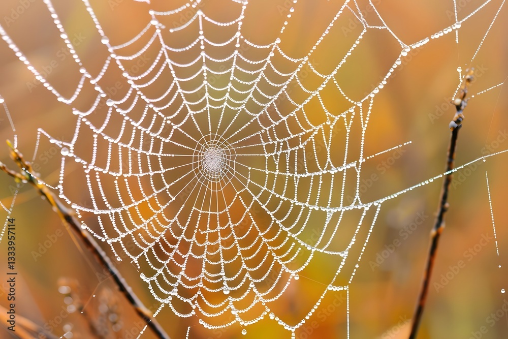 Obraz premium Dew-Kissed Spiderweb: A Close-Up Look at Nature's Intricate Design with Sparkling Water Droplets Adorning Each Strand, Showcasing the Beauty of Autumn's Subtle Hues.