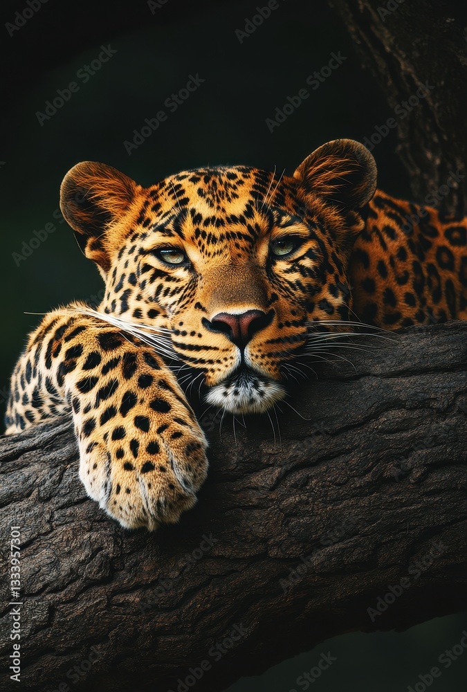 Fototapeta premium Majestic leopard resting on tree branch showcasing striking fur patterns and intense gaze in natural habitat, captivating and serene moment in wildlife photography