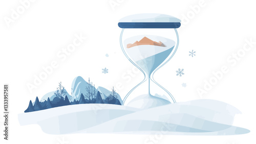 Digital illustration depicting a watercolor-style hourglass resting on a snowy landscape. The hourglass contains a gradient of light and dark blue, suggesting the passage of time.  A stylized
