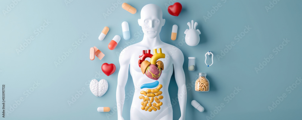 Naklejka premium 3D illustration of human body highlighting internal organs like heart and intestines, surrounded by pills and health symbols on blue background
