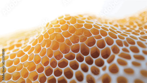 A close-up macro shot of a honeycomb structure. The image shows a detailed view of hexagonal cells, exhibiting a golden-yellow hue.  The cells are slightly irregular in shape and size, with a