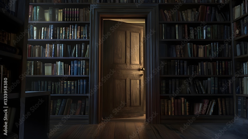 61. A secret passage hidden behind a bookshelf, leading into an unknown darkness 61. A secret passage hidden behind a bookshelf, leading into an unknown darkness