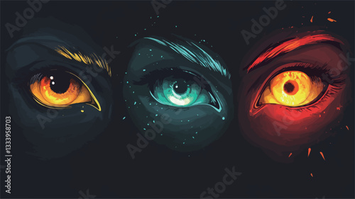 A digital illustration depicting three stylized eyes set against a dark background. The eyes are arranged in a horizontal line. The eye on the left features orange-gold tones suggestive of fire;