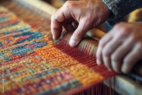 Hands Weaving a Vibrant Red-and-Yellow Patterned Rug on a Wooden Loom in a Rustic Workshop, Showcasing Traditional Textile Craftsmanship, Selective Focus, Blurred Image