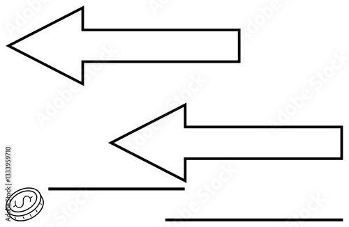 Two bold, left-pointing arrows depict opposing directions. A coin and lines suggest financial decisions, trade-offs, or contrasting paths. Ideal for choices, finance, strategy, movement