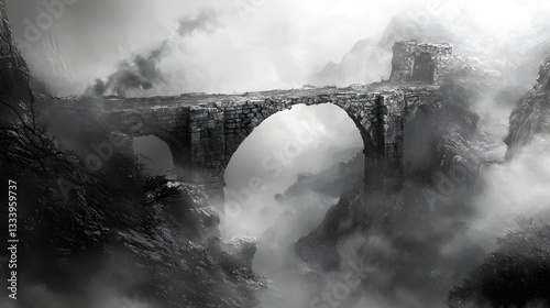 74. A crumbling stone bridge spanning across a fog-covered ravine