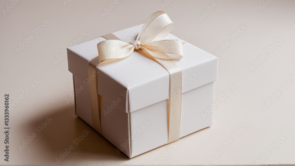 Fototapeta premium Elegant white gift box mockup with a tag and green leaves for branding or packaging design.