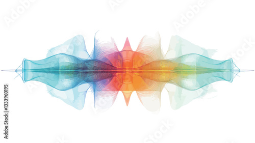 The image is a digital illustration depicting an abstract waveform.  The waveform is symmetrical, with colors transitioning smoothly from cool blues and greens on the outer edges to warm oranges