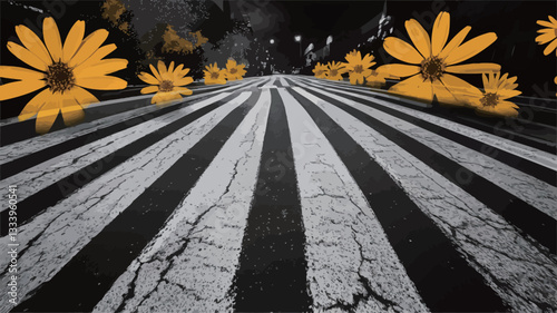 The image presents a surreal composition of a city crosswalk at night. The crosswalk is rendered in black and white, showing a heavily textured and cracked pavement with distinct, wide stripes.