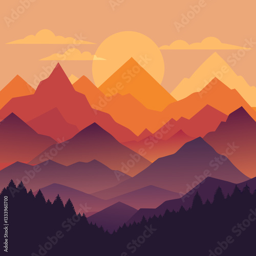 Minimalist Mountain Range – Layered Silhouettes at Peaceful Sunrise Vector Design