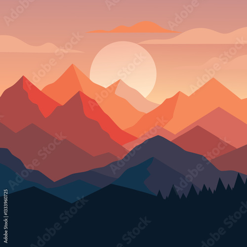 Minimalist Mountain Range – Layered Silhouettes at Peaceful Sunrise Vector Design