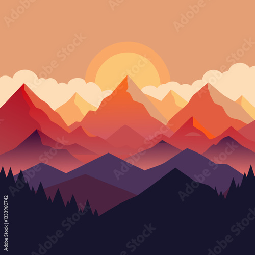 Minimalist Mountain Range – Layered Silhouettes at Peaceful Sunrise Vector Design