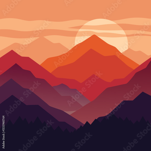 Minimalist Mountain Range – Layered Silhouettes at Peaceful Sunrise Vector Design