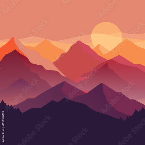 Minimalist Mountain Range – Layered Silhouettes at Peaceful Sunrise Vector Design