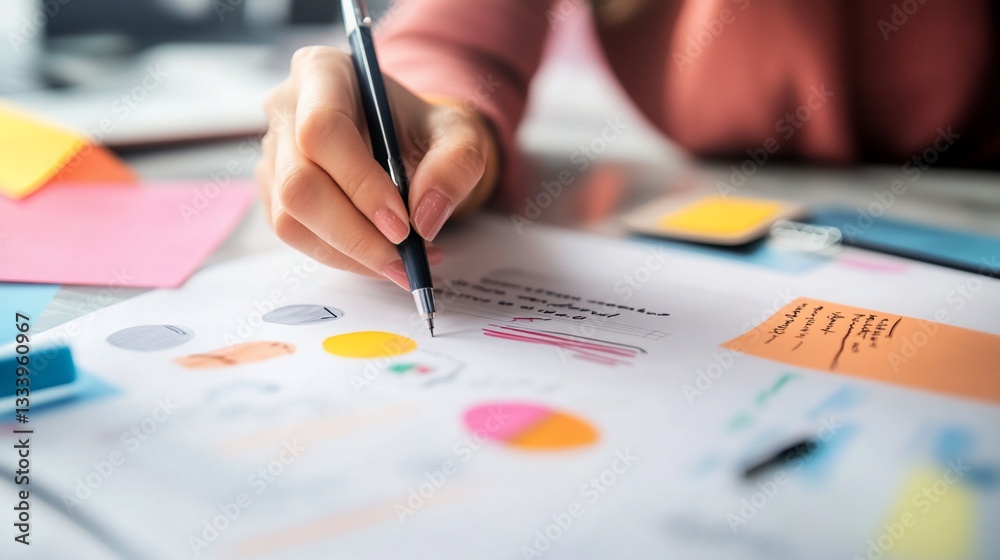 Woman hand writing notes and analysis data on paper sheets, planning projects Woman hand writing notes and analysis data on paper sheets, planning projects
