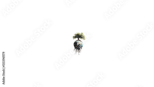 A digital illustration depicting a stylized tree with lush green leaves growing from the top of a partially visible Earth globe.  The tree's roots extend downwards, wrapping around and partially