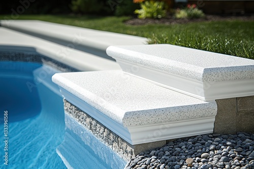 Elegant Pool Steps White Pebble Texture, Modern Design, Backyard Oasis