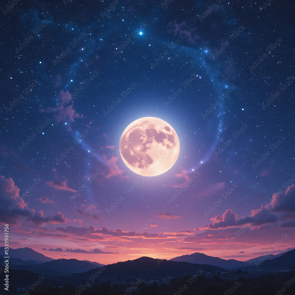 A full moon casts its light across a dark, star-filled space above the blue curve of Earth A full moon casts its light across a dark, star-filled space above the blue curve of Earth