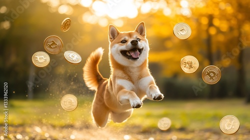 Shiba Inu leaps, coins fall, autumn park, crypto joy