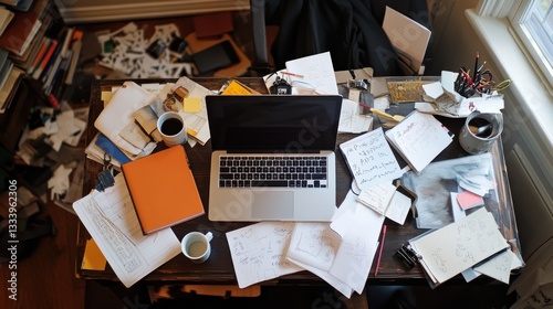 Overhead view of a busy and cluttered home office desk workspace with laptop
