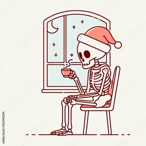 Skeleton wearing a Santa hat sitting by a window sipping tea a minimalist monochrome vector graphic depicts a jolly holiday scene
