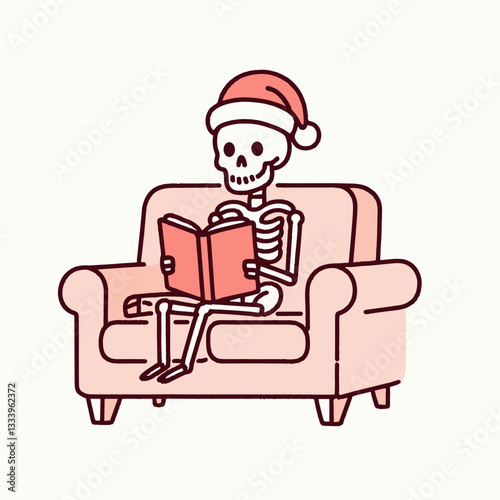 Skeleton wearing a Santa hat reads a book on a cozy couch a minimalist vector graphic depicting a festive holiday scene.