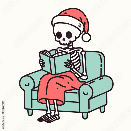 Skeleton wearing a Santa hat reads a book on a cozy couch a minimalist vector illustration for a Christmas card