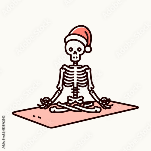 Skeleton wearing a Santa hat meditates on a yoga mat a minimalist vector graphic for a festive holiday card
