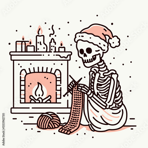 Skeleton wearing a Santa hat knitting a scarf by the fireplace a minimalist monochrome vector graphic