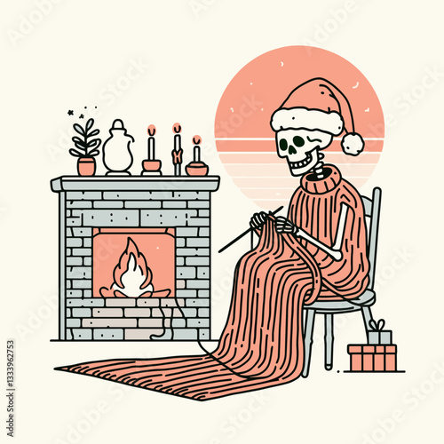 Skeleton wearing a Santa hat knitting a scarf by the fireplace a minimalist vector graphic for a Christmas card